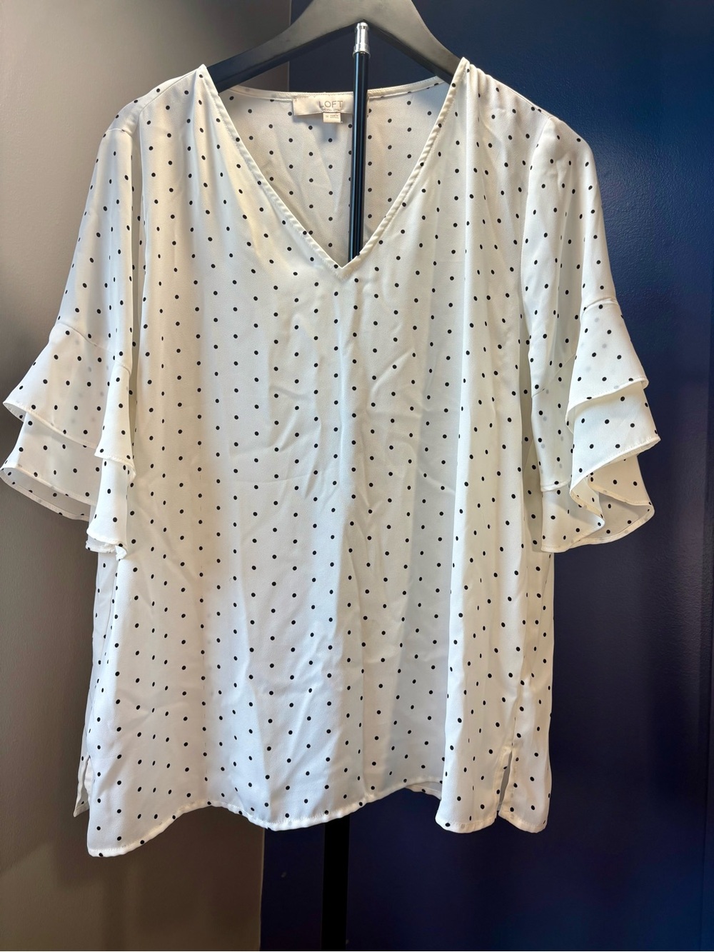 LOFT Ivory Polka Dot V-Neck Ruffle Sleeve Blouse